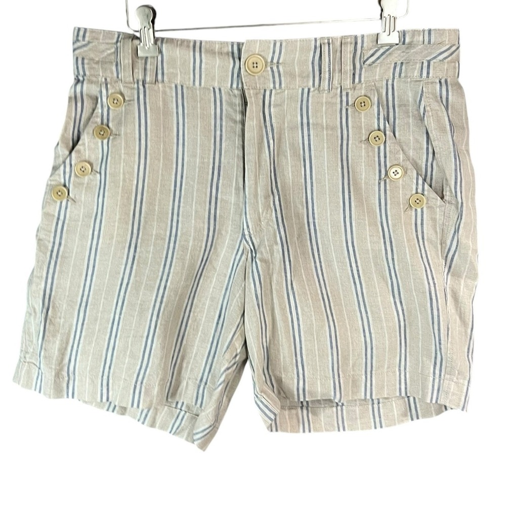 Sundance Wilde Linen Bermuda Shorts Women 10P Tan Blue Stripe High Rise Nautical